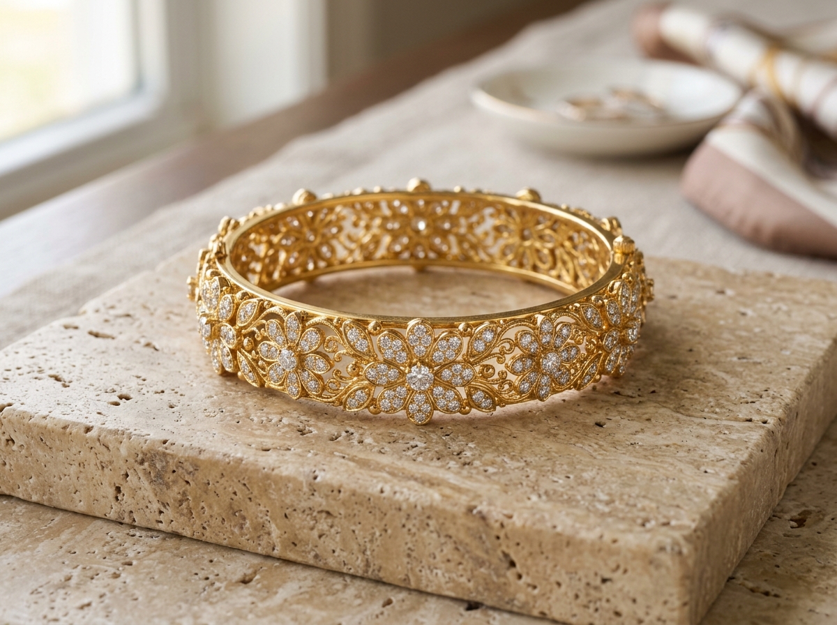 Floral diamond and gold bangle bracelet