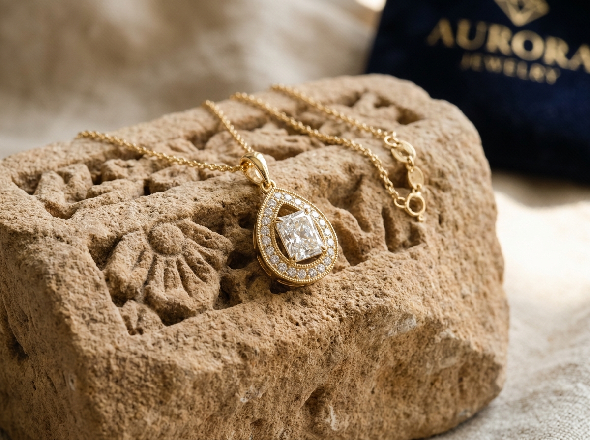 Teardrop halo diamond pendant on gold chain