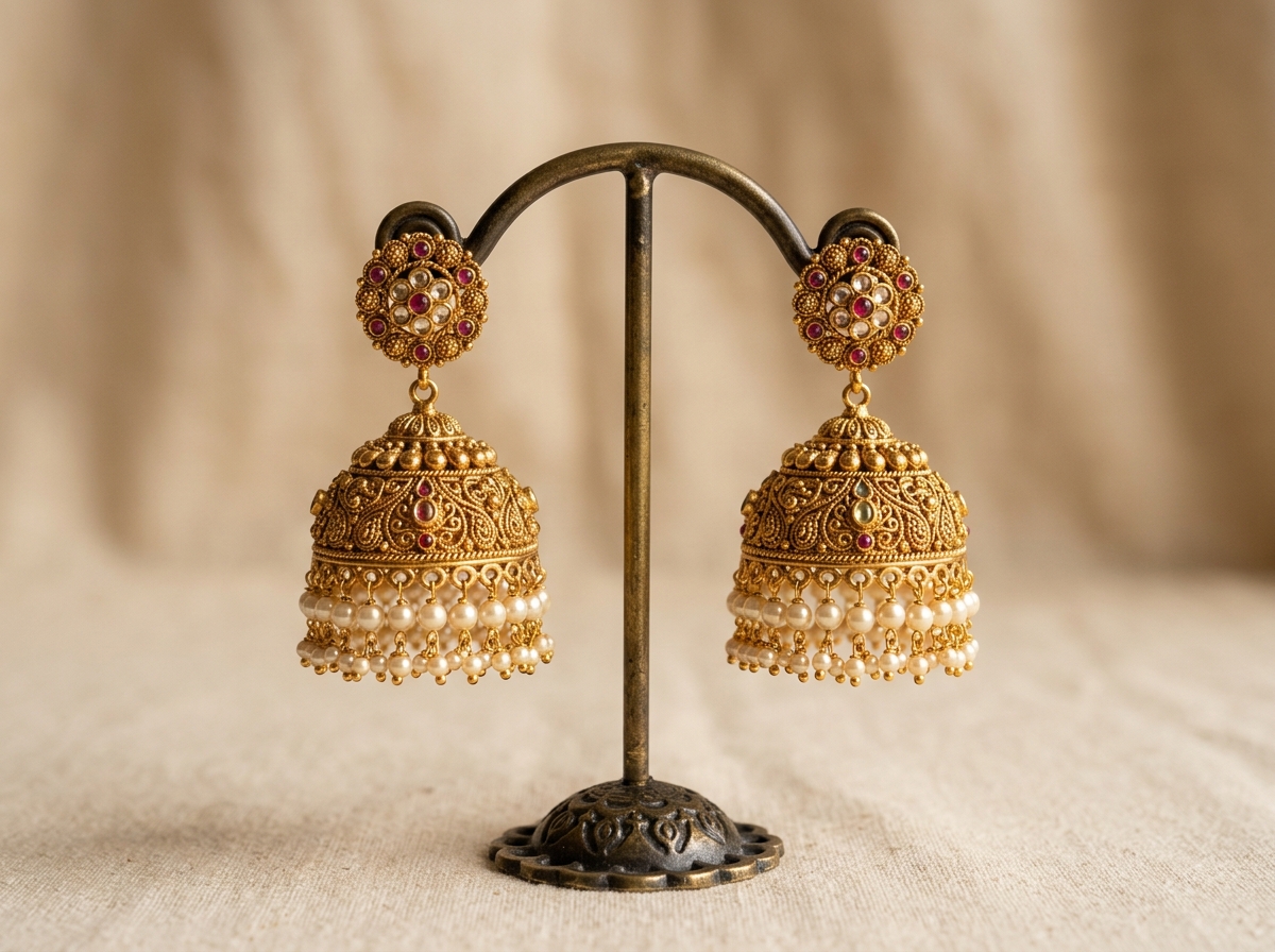 Traditional 22K gold jhumka earrings with seed pearls
